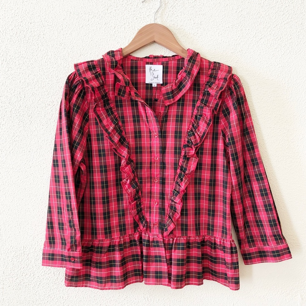 NWT The Shirt by Rochelle Behrens Tartan Plaid Ruffle Shirt L